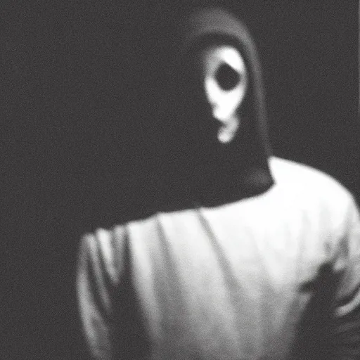 Prompt: classified footage of a dark figure, grainy black and white footage, face