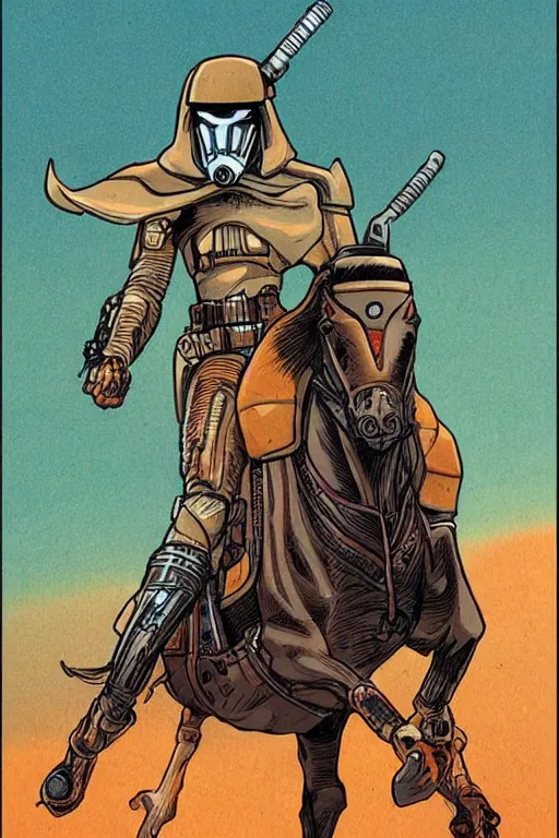 Prompt: full body dark horse rider with hood, star wars, scifi, by moebius, colorful comics style