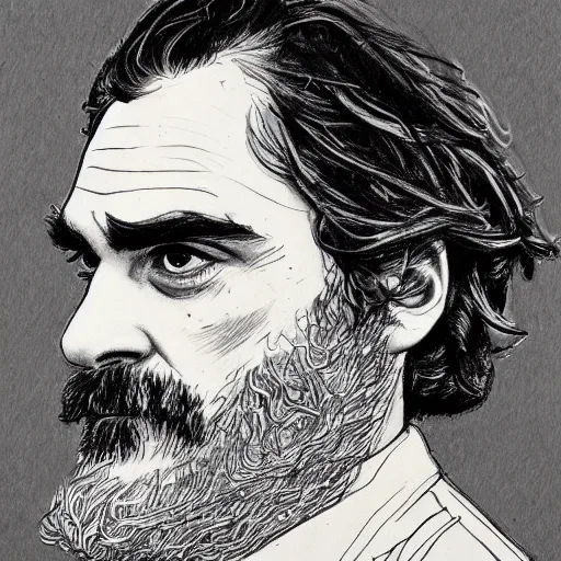 Prompt: a realistic yet scraggly portrait sketch of the side profile of a stern and sophisticated joaquin phoenix, trending on artstation, intricate details, in the style of frank auerbach, in the style of sergio aragones, in the style of martin ansin, in the style of david aja, in the style of mattias adolfsson