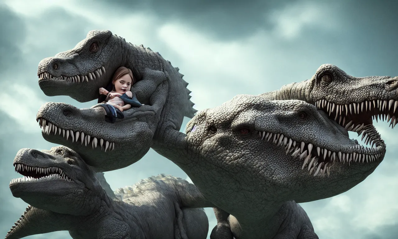 Image similar to portrait of a little girl cuddling with her beloved tyrannosaurus, very high detail, raytracing, back light, raymarching, by ilm, by digital domain, by weta digital