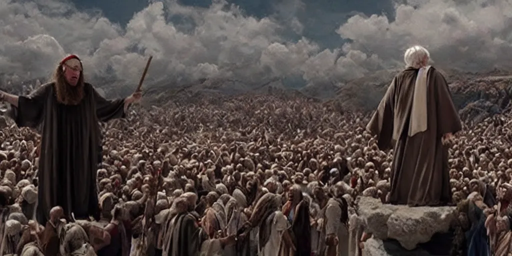 Prompt: Bernie Sanders as Moses, parting the Red Sea, in screenshot from the 10 Commandments movie