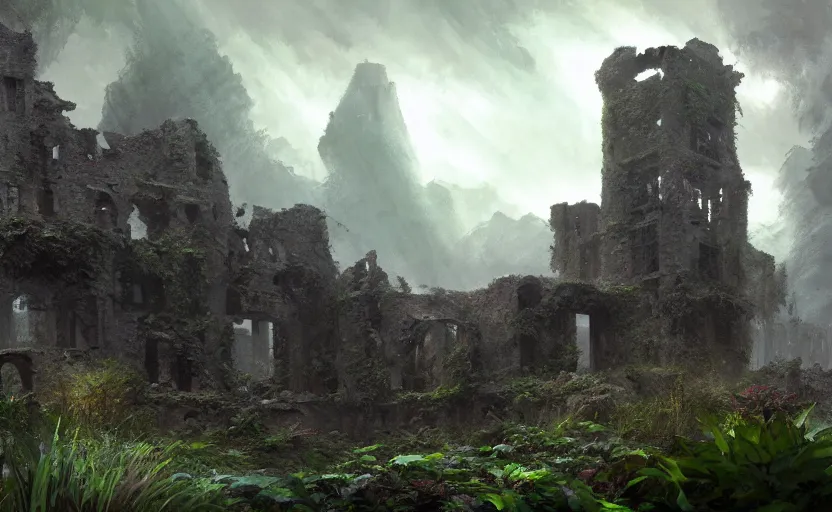 Image similar to ruins of an old castle covered by plants with moody and cinematic lighting by greg ruthkowski and craig mullins, cinematic and atmospheric, concept art, artstation, trending on artstation