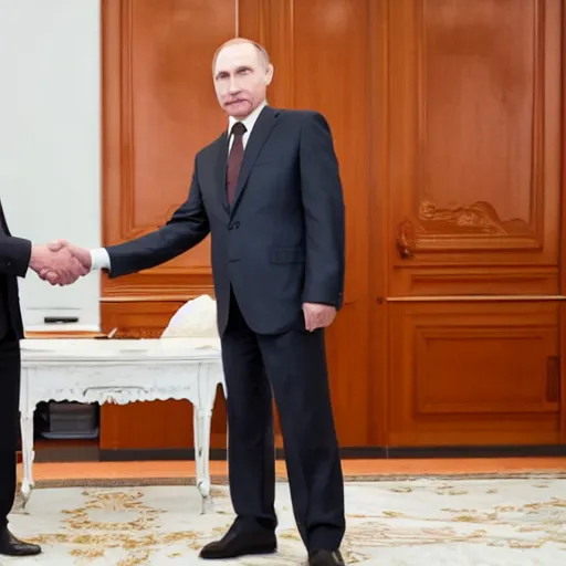 Image similar to Walter White and Vladimir Putin shaking hands, 8k, dslr, cinematic,