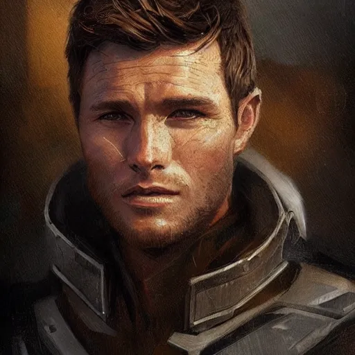 Image similar to portrait of a man by greg rutkowski, jedi knight, he looks like scott eastwood, wearing a flying jacket, star wars expanded universe, he is about 3 0 years old, highly detailed portrait, digital painting, artstation, concept art, smooth, sharp foccus ilustration, artstation hq