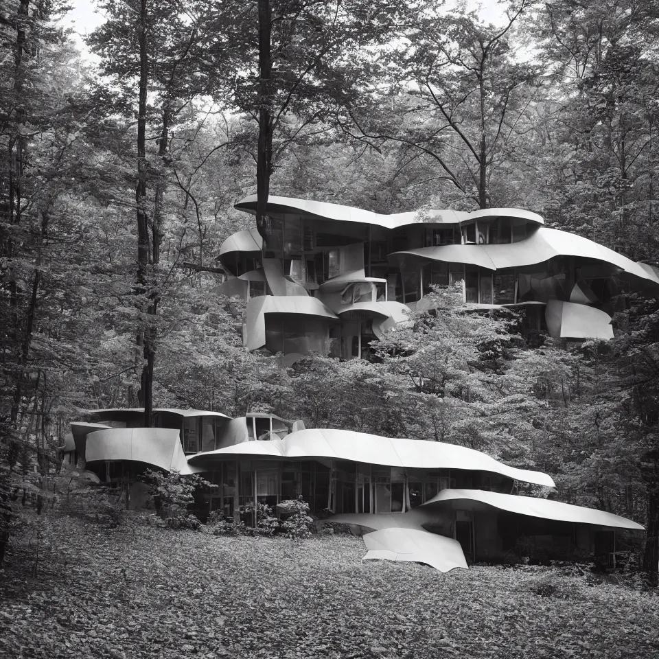 Image similar to architecture ad for a mid-century modern house in the middle of the forest, designed by Frank Gehry. Film grain, cinematic, grayscale, yellow hue