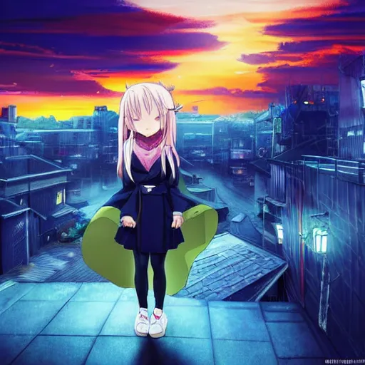 Image similar to Astonishing Pixiv 8K Splash art of an Anime Key Visual Pinterest loli with blond hair and cute pigtails who wears a blue coat with a hood and black shorts when practicing parkour through a big modern city in twilight from Unsplash. She does a superhero pose against a cinematic dark scene of an HDR sunset with faint orange light in Studio Ghibli style. Amazing piece Trending on Artstation and DeviantArt, dynamic lighting,