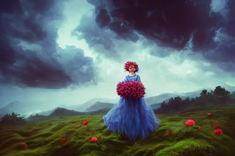 Image similar to giant dahlia flower crown under head, portrait girl on mountain, surreal photography, blue storm clouds, dramatic light, impressionist painting, digital painting, artstation, simon stalenhag