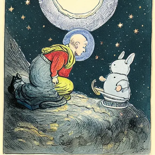 Image similar to dan morris celestial thinking moon portrait, surrounded by clouds, illustrated by peggy fortnum and beatrix potter and sir john tenniel