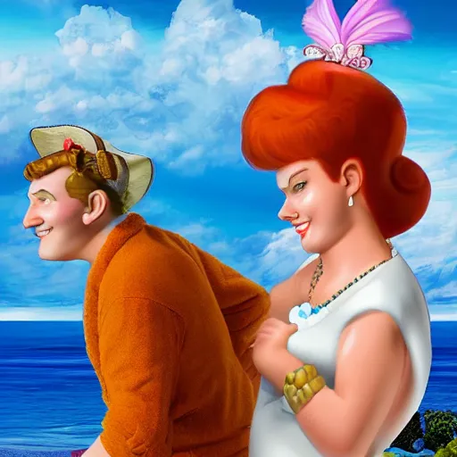 Image similar to fred and wilma flinstone honeymoon highly realistic digital photograph