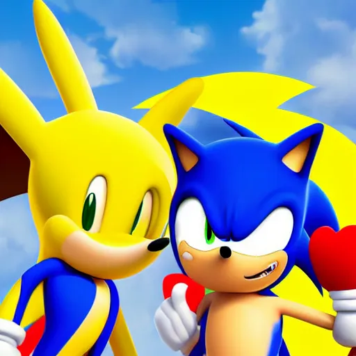 Image similar to sonic the hedgehog and pikachu on a date, digital art