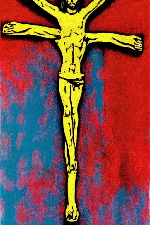 Image similar to christ crucified looking like a big mushroom painted in by cy twombly and andy warhol