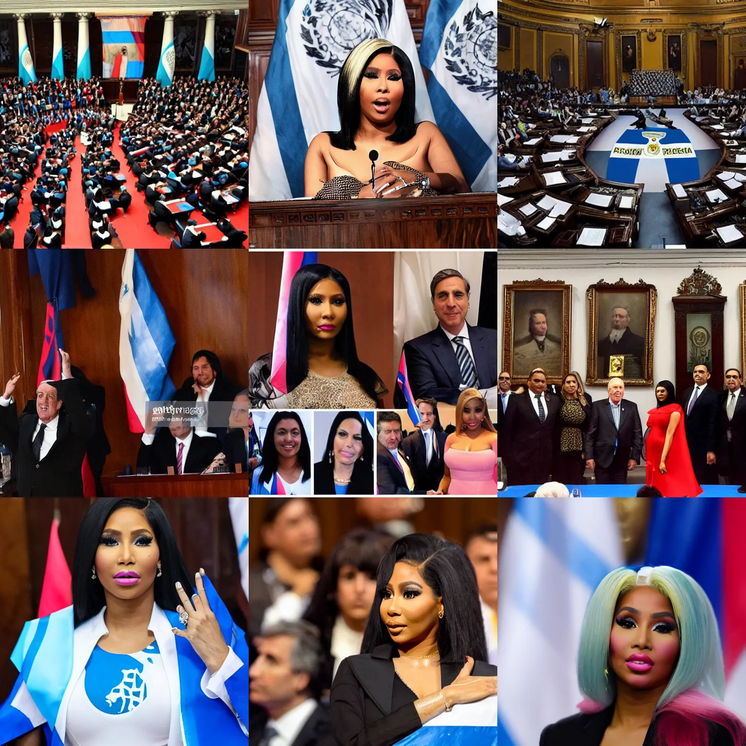 Image similar to Nicki Minaj president of Argentina, in the Argentine Congress, flags of Argentina behind, detailed picture