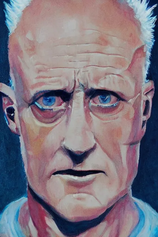 Image similar to a somber painting of the replicant roy batty that asks the viewer to question the very purpose of life when all memories will be lost in time like tears in the rain, in the style of blade runner, ridley scott