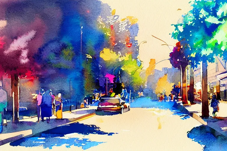 Image similar to street summer watercolor pen bright color on artstation