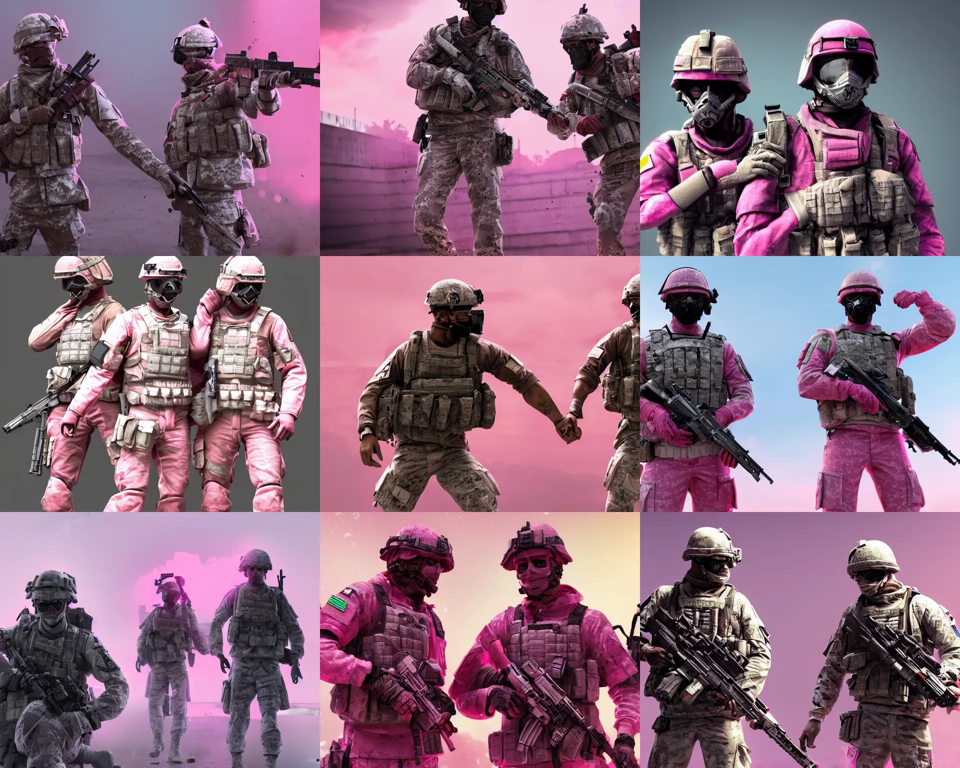 Prompt: two Battlefield 3 soldiers in pink! clothes are holding their hands, artstation, pink clothes, holding hands, intricate details, Octane render, realistic, 4k, centered position, beautiful background, highly detailed (masked) faces