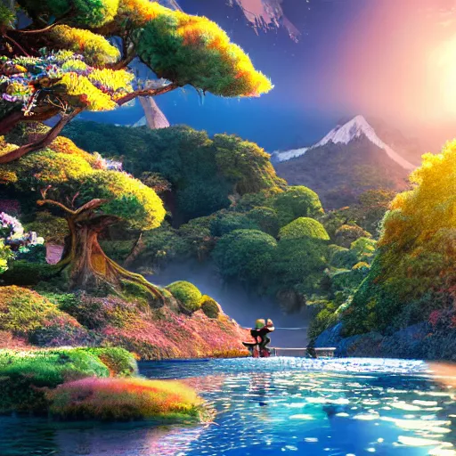 Image similar to mountains, sun, water, japan, anime style art, soft, concept art, intricate details, highly detailed, colorful, photorealistic, disney pixar, octane render, iridescent, anime, 8 k