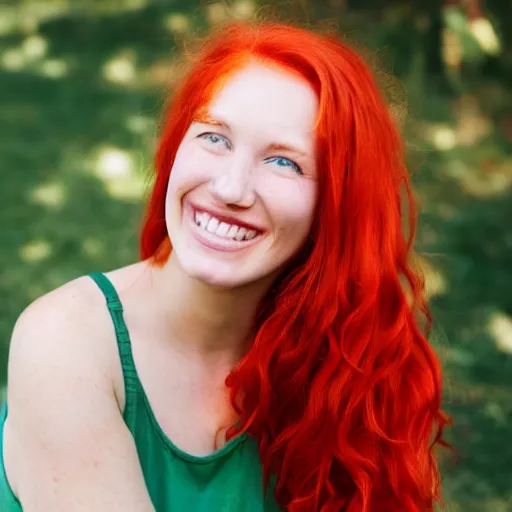 Image similar to a smiling woman with red hair, green eyes, dimples, and rosy cheeks