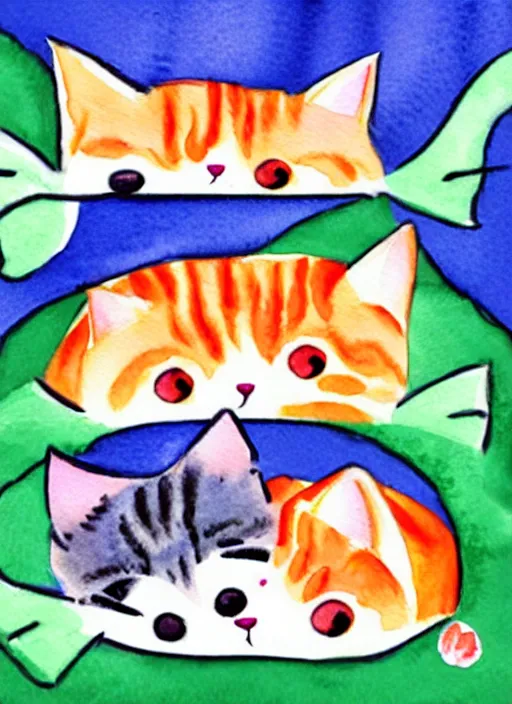 Image similar to cute cats and sushi watercolour