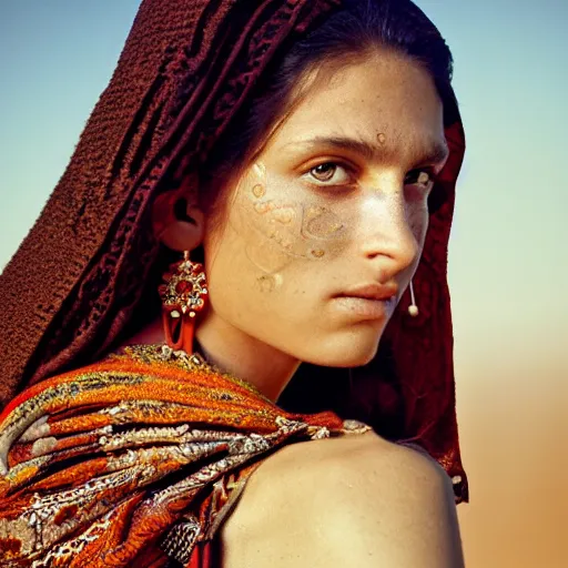 Image similar to portrait of a stunningly beautiful middle eastern tribal female, depth of field, zeiss lens, detailed, symmetrical, centered, fashion photoshoot, by Annie Leibovitz and Steve McCurry, David Lazar, Jimmy Nelsson, Breathtaking, 8k resolution, extremely detailed, beautiful, establishing shot, artistic, hyperrealistic, beautiful face, octane render