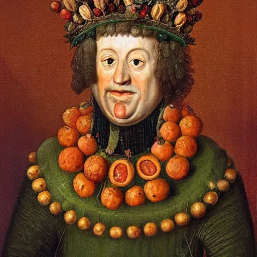 Prompt: portrait of king charles the 4 th made of fruits and vegetables by arcimboldo