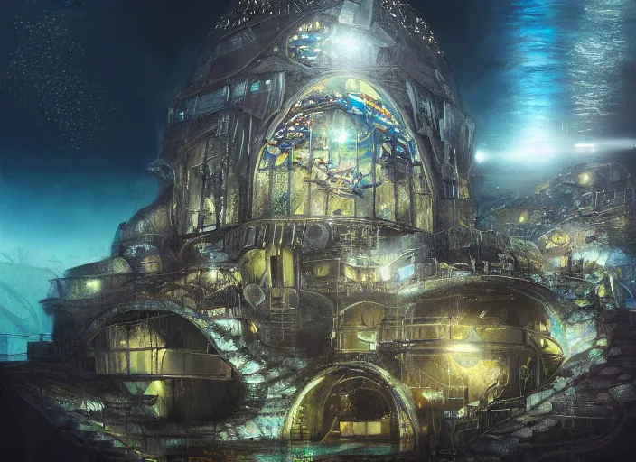 Image similar to favela spaceship cathedral, underwater environment, sorcery, scenery, professional, award - winning, trending on artstation, hyper detailed, realistic, beautiful, emotional, shiny, romantic, picture