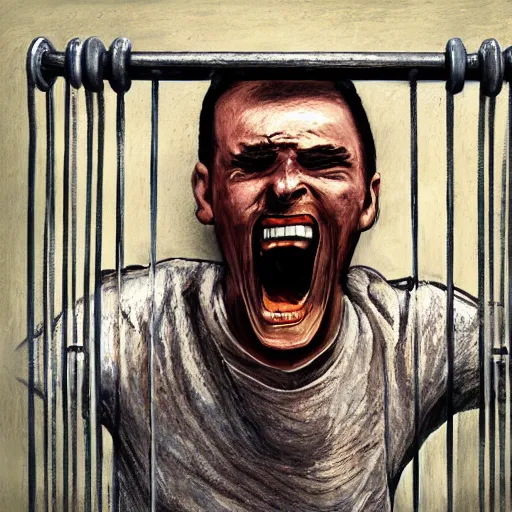 Image similar to a screaming prisoner holding prison bars, realism