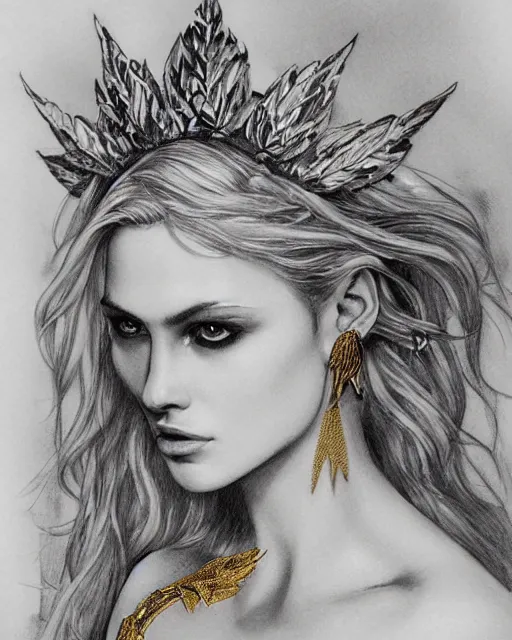 Image similar to tattoo sketch of blonde super model aphrodite greek goddess wearing a gold laurel wreath and triangle earrings, beautiful piercing gaze with sharp pupils, in the style of greg rutkowski, fantasy, amazing detail, epic, elegant, smooth, sharp focus, front view