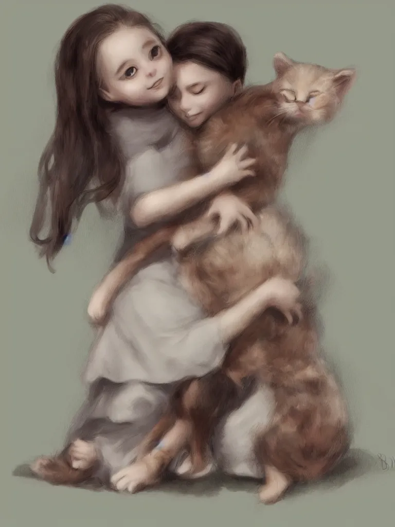 Image similar to girl hugging kitten by disney concept artists, blunt borders, rule of thirds