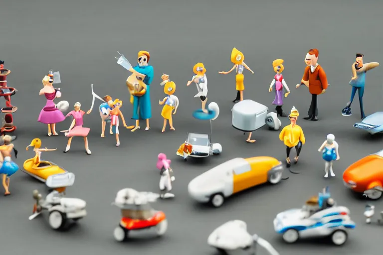 Prompt: miniature figurines of the jetsons, tilt shift, product photography