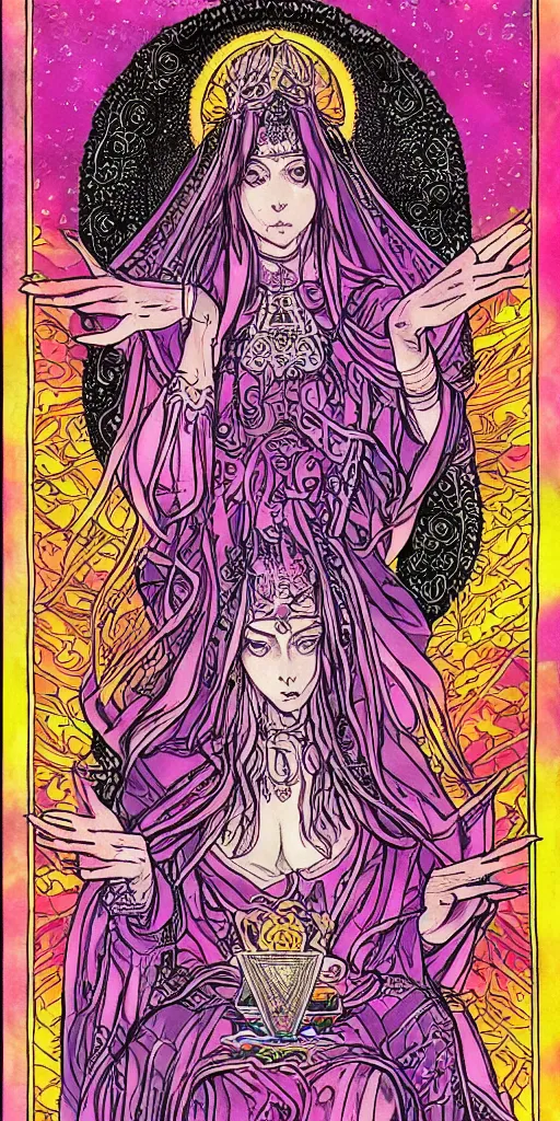 Prompt: a mystical woman priestess sitting on a throne, the divine feminine, drawn by studio UFOTABLE, psychedelic, fine line work, pastel colors, Tarot cards. The empress tarot card, detailed