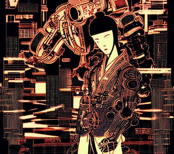 Image similar to futuristic japanese cyberpunk silk screen by utagawa yoshiiku, ohara koson, pixiv contest winner, cyberpunk style, cyberpunk color scheme, mechanical, robotic, human machine interface, high resolution, hd, 4 k