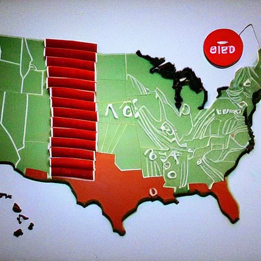 Prompt: A map of the United States made out of sushi. It is on a table next to a glass of red wine
