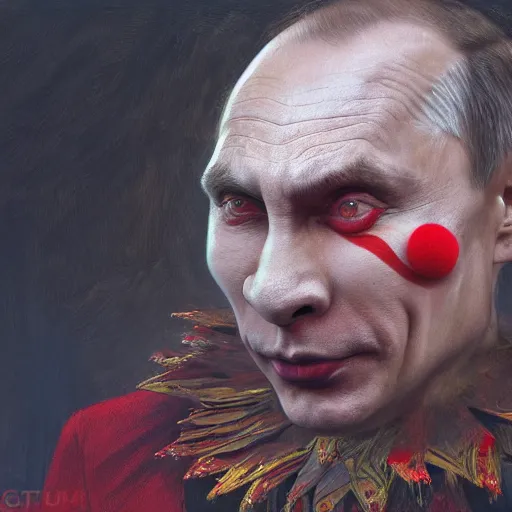 Image similar to vladimir putin, is a jester, circus performance, have red clown nose, fantasy 3 d render, masterpiece, by donato giancola and greg rutkowski and wayne barlow and zdzisław beksinski, realistic face