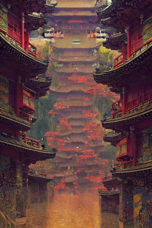 Image similar to cyberpunk chinese ancient castle, fantasy, painting by Gustav Klimt, greg rutkowski and alphonse mucha