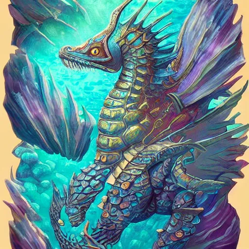 Prompt: underwater sea dragon full body, d & d style, trending on artstation, colorful, intricate, highly detailed art by ilse gort and yugin maffioli