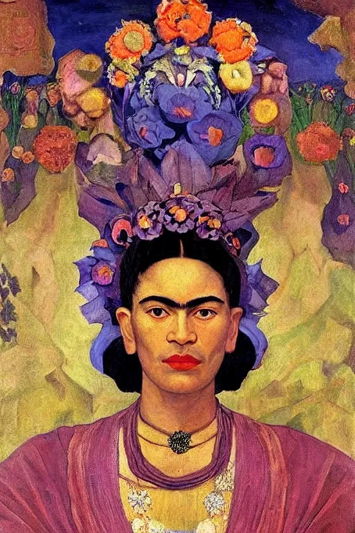 Image similar to queen of flowers, by Nicholas Roerich and Annie Swynnerton and Frida Kahlo, dramatic cinematic lighting , ornate headdress , flowing robes, sacred artifacts, lost civilizations, smooth, sharp focus, extremely detailed