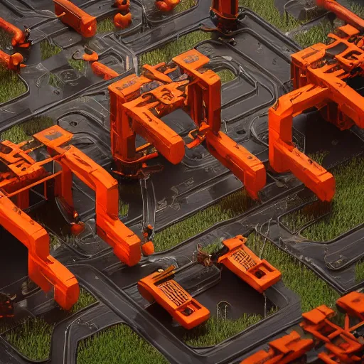 Prompt: factorio inserters, intricate artwork by tooth wu and wlop and beeple. octane render, trending on artstation, greg rutkowski very coherent symmetrical artwork. cinematic, hyper realism, high detail, octane render, 8 k, orange and black tones