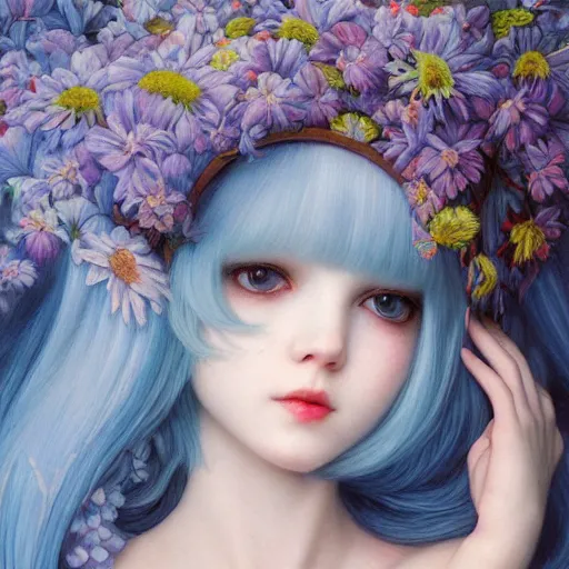 Prompt: white cat girl, botanical, portrait face, colorful, kupka, intricate, miles johnston, kuroda seiki, cynical realism, ozabu, john william godward, painterly, yoshitaka amano, moebius, miles johnston, louise zhang, james jean, mark ryden lowbrow pop surrealism art style, blue hair