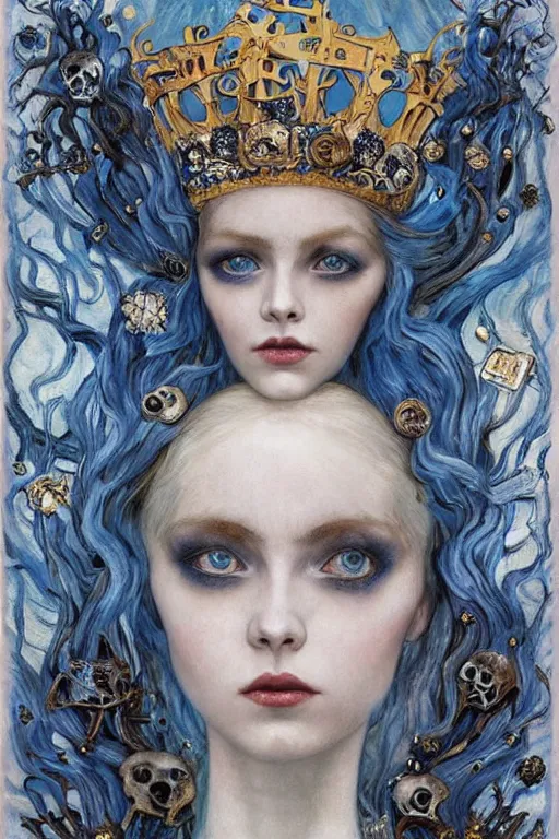 Image similar to The Princess of Bones by Karol Bak, Jean Deville, Gustav Klimt, and Vincent Van Gogh, portrait of a porcelain doll princess wearing a crown, porcelain ball-joint doll face with blue painted tattoos, pale blue eyes, mystic eye, otherworldly, crown made of bones, ornate jeweled crown, skulls, fractal structures, arcane, inscribed runes, infernal relics, ornate gilded medieval icon, third eye, spirals, rich deep moody colors