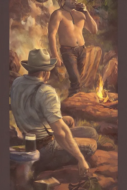 Prompt: an ethereal painting of a rugged handsome shirtless man with a beer belly and cowboy hat sitting by a campfire. tarot card, art nouveau, art deco. trending on artstation