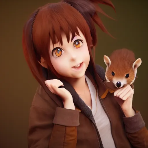 Prompt: Cute realistic anime girl with a pine marten, 3d render, octane render, CGsociety, 4k, high quality