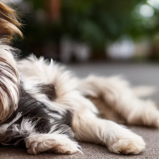 Prompt: shih tzu, dog mixed with a tabby cat, cat lying down and smiling at the camera, high definition detail, 8 k, photography