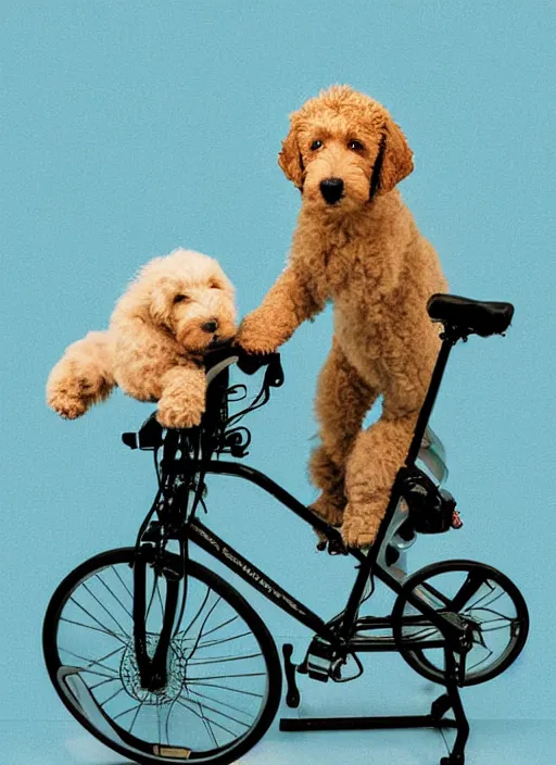 Image similar to digital art, golden doodle puppy, riding a stationary bike, cute, artistic, fuji 8 0 0 film