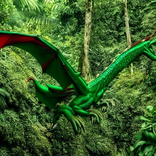 Prompt: a large gigantic green and red beautiful large dragon in a rain forest