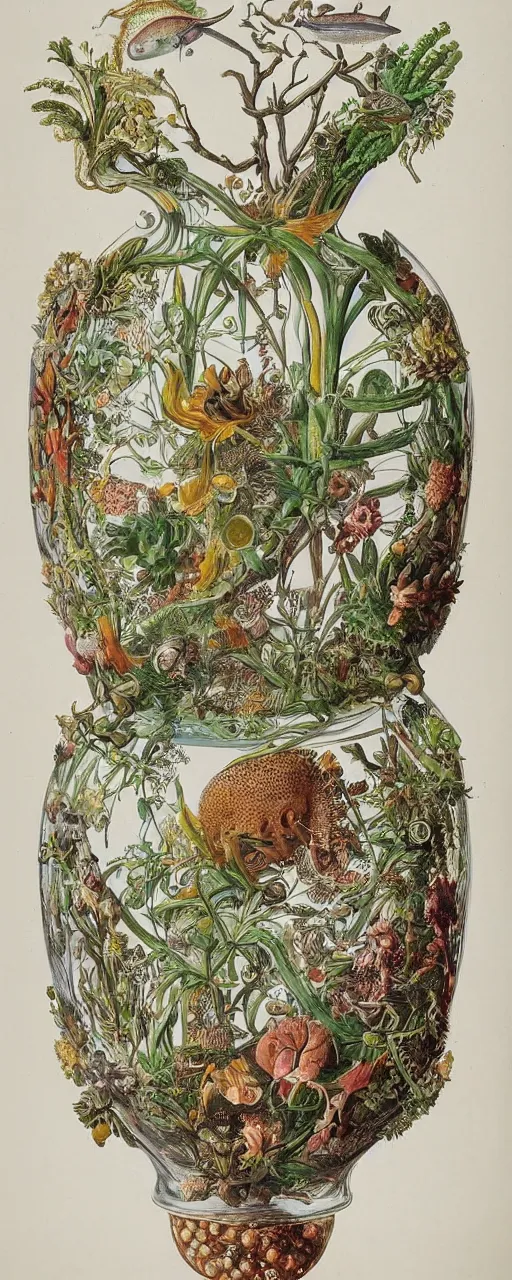 Prompt: glass jar with rich and very beautiful life inside zoological scientific illustration, made by Ernst Haeckel