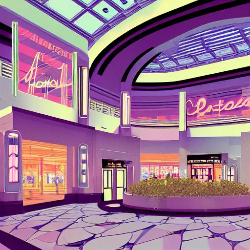 Prompt: art deco vaporwave illustration of a mall atrium in pastel colors
