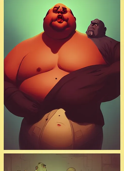 Prompt: a fat ugly man, in the style of artgerm, gerald brom, atey ghailan and mike mignola, vibrant colors and hard shadows and strong rim light, plain background, comic cover art, trending on artstation