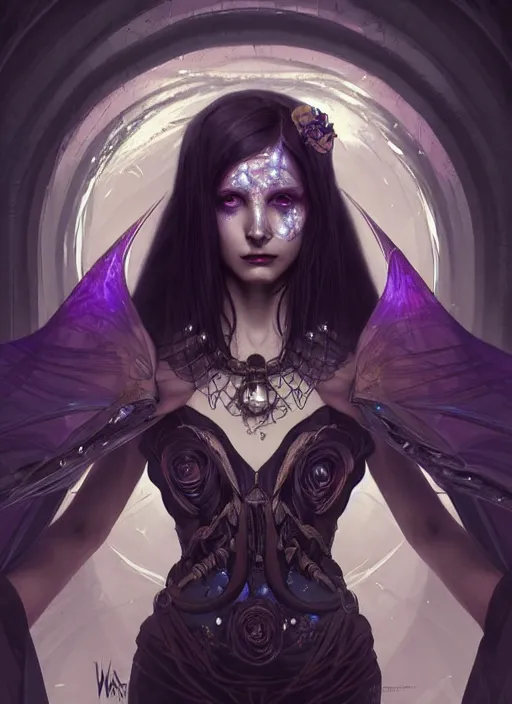 Image similar to a beautiful cinematic female Necromancer Sorceress, galatic shamen with Quantum energy fantasy, fantasy magic, undercut hairstyle, dark light night, intricate, elegant, sharp focus, illustration, highly detailed, digital painting, concept art, matte, art by WLOP and Artgerm and Greg Rutkowski and Alphonse Mucha, masterpiece