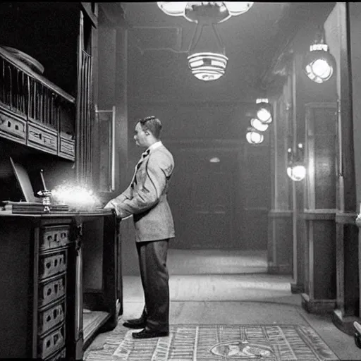 Image similar to a highly detailed cinematic photo from a live - action bioshock movie. andrew ryan, portrayed by ryan gosling, is shown standing in a 1 9 3 0's office with a large desk in front of a floor - to - ceiling window looking out onto the underwater city of rapture shining in the distance, several fish are shown outside of the window