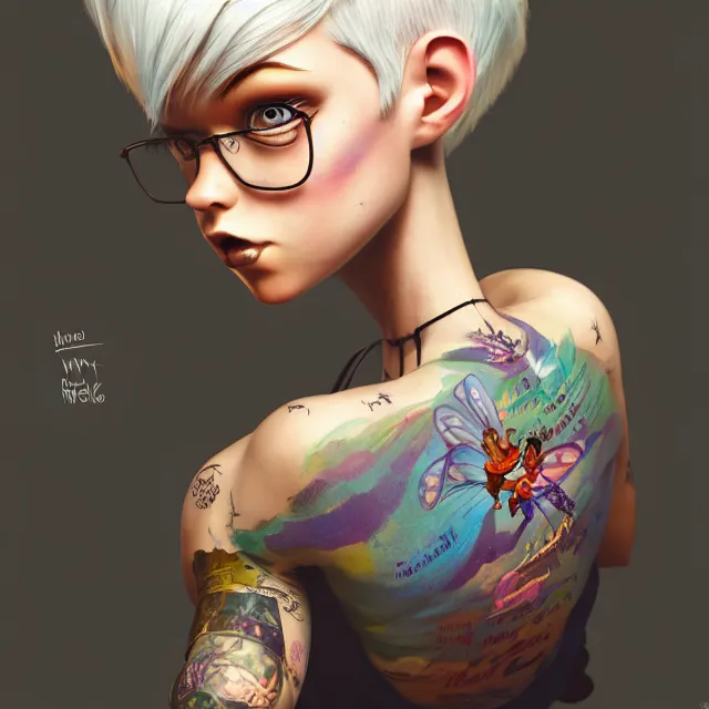 Image similar to full body pose, beautiful adult fairy, pixar, short white hair shaved sides, dirty, grungy, grunge, long sleeve, painted overalls, stacks of giant books, highly detailed, 4 k, hdr, smooth, sharp focus, high resolution, award - winning photo, artgerm, photorealistic